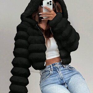 Black Casual Women's Fluffy faux fur Hooded Cropped Jacket